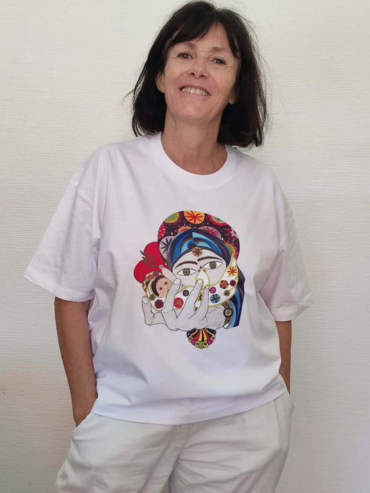 T-shirt Coton bio Femme - Illustration feutres Aquarelle-  "La Femme et l'Enfant"