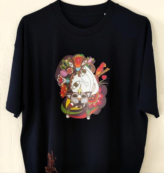 T-shirt Femme Noir Artistique – Portrait Coloré Original