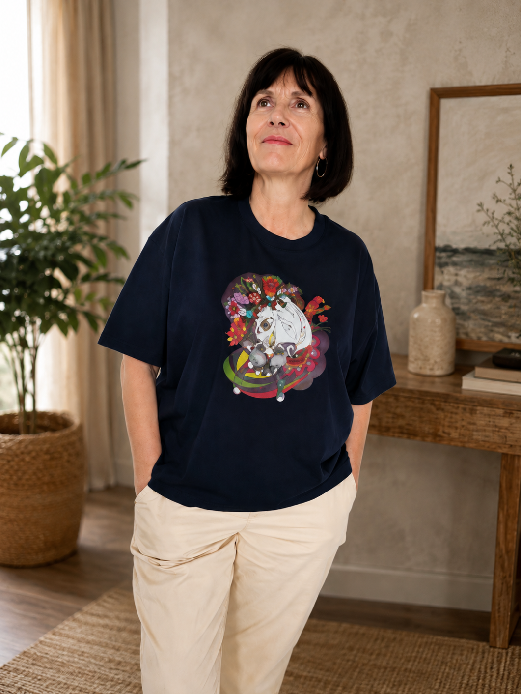 T-shirt Coton bio Femme - Illustration feutres Aquarelle- "Sous le chapeau... des merveilles"
